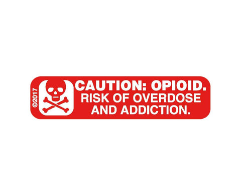 PDC Warning Label "CAUTION: OPIOID Risk of Overdose and Addiction" 1-9/16" x 3/8", Red with White Text, Permanent, 500 per Roll, 2 Rolls per Box | 1-1197