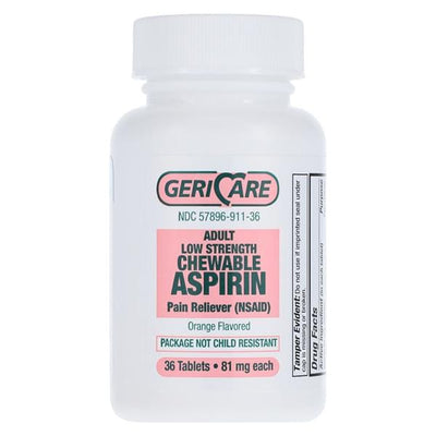 Geri-Care Pharmaceuticals Aspirin Adult NSAID Chewable Tablets 81mg Orange Twist Cap 36/Bottle, 12 BT/CA - 57896091136