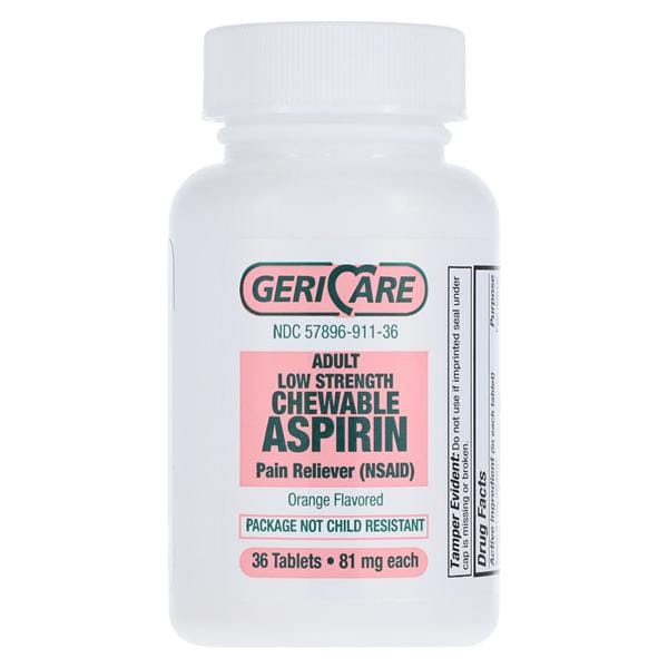 Geri-Care Pharmaceuticals Aspirin Adult NSAID Chewable Tablets 81mg Orange Twist Cap 36/Bottle, 12 BT/CA - 57896091136
