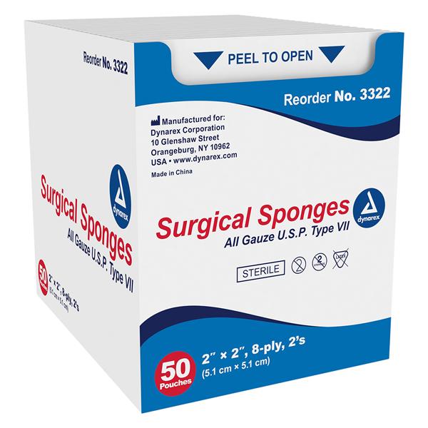 Dynarex Corporation 100% Cotton Gauze Pad 2x2" 8 Ply Sterile Not Made With Natural Rubber Latex  - 3322