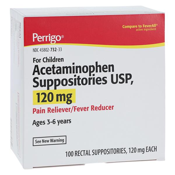 Perrigo Pharmaceuticals Acetaminophen Pediatric Pain Reliever/Fever Reducer Suppository 120mg 100/Box - 45802073233
