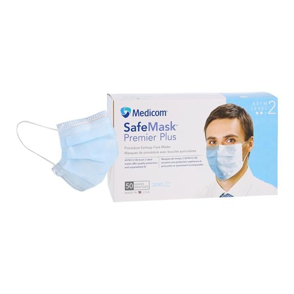 Medicom SafeMask Premier Plus Mask ASTM Level 2 Blue 50/Bx, 10 BX/CA - 2040