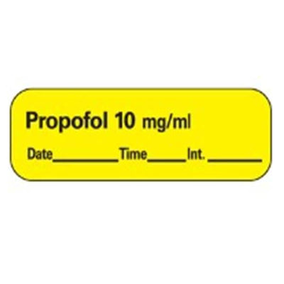 Precision Dynamics Corp. Anesthesia Label DTI Propofol 10mg/mL Yellow 1-1/2x1/2" 600/Rl - LAN-27D10