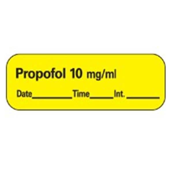 Precision Dynamics Corp. Anesthesia Label DTI Propofol 10mg/mL Yellow 1-1/2x1/2" 600/Rl - LAN-27D10