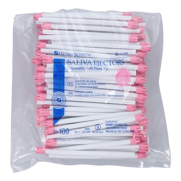 Henry Schein Inc. -HSI Saliva Ejectors White With Smooth Round Edges Pink Tip Disposable Bubblegum 100/Bag, 10 BG/CA ZWPBGS