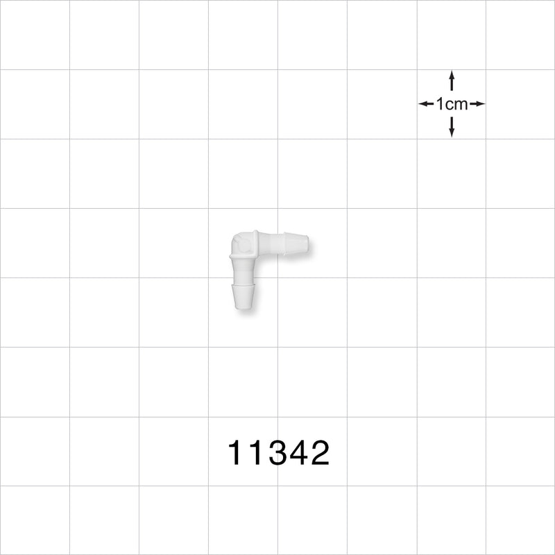 Elbow Connector, Barbed, White - Fits 3/32 inch ID Tubing (0.094 inch, 2.38 mm) - 11342