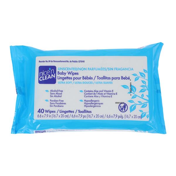 PDI Professional Disposables Nice N Clean Baby Wipes Alcohol/Paraben Free White Aloe/Vitamin E/Chamomile Unscented Not Made With Natural Rubber Latex 7.9x6.6" 40/Box, 12 BX/CA - Q70040