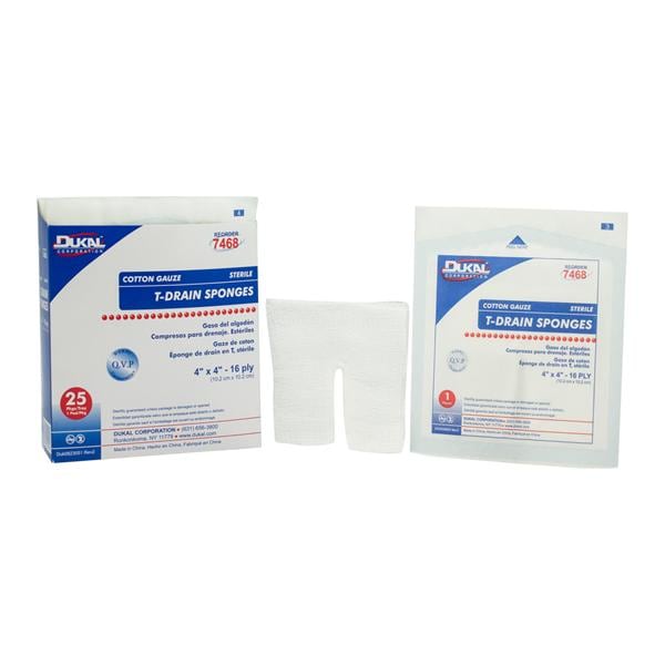 Dukal LLC Rayon/Polyester Blend T-Drain Sponge 4x4" 16 Ply Sterile Pre-Cut Non-Woven LF - 7468
