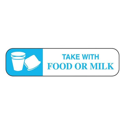 Health Care Logistics Label Warning Take With Food/Milk Blue/White 1-5/8x3/8" 1000/Rl - 2112