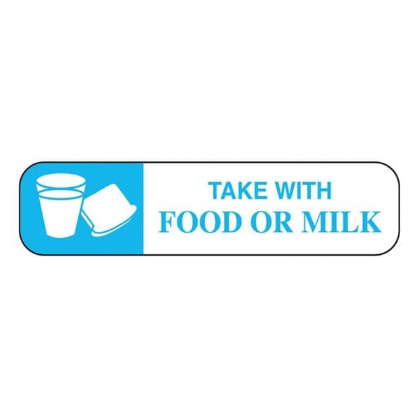 Health Care Logistics Label Warning Take With Food/Milk Blue/White 1-5/8x3/8" 1000/Rl - 2112
