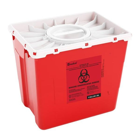 Abm North America Corp -Sharps Container 8gal Red 13-1/2x17-3/10" Hermetic Seal Double Lid Horizontal Drop Polyethylene Lateral/Central Handles Stackable Autoclavable Disposable 9/Case 242369