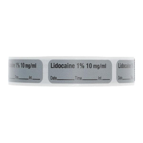 Precision Dynamics Corp. Anesthesia Label DTI Lidocaine 1% 10mg/mL Gray 1-1/2x1/2" 600/Rl - LAN-11D10