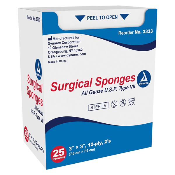 Dynarex Corporation 100% Cotton Surgical Gauze Sponge 3x3" 12 Ply Sterile LF  - 3333