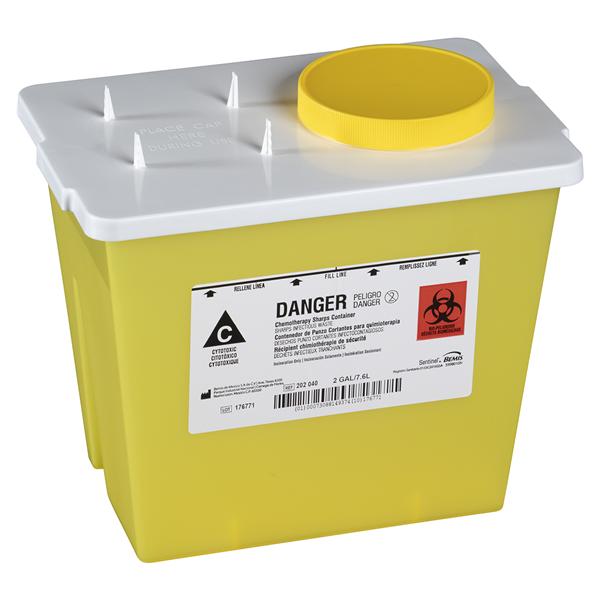 | Bemis Healthcare, Inc -Sentinel Sharps Container 2gal Yellow 11-5/8x7-3/4x9" Gasket Lid/Posts Screw Cap Plastic Absorbent Pads Table-Top/Wall-Mount Vertical Entry 30/Case 202 040