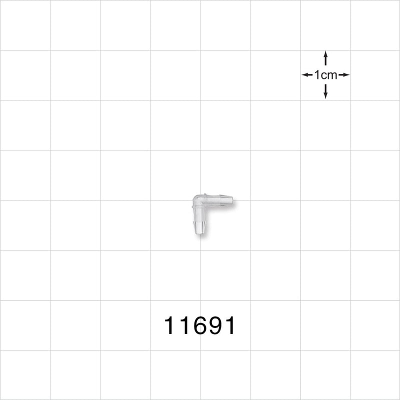 Elbow Connector, Barbed, Natural - Fits 1/16 inch ID Tubing (0.063 inch, 1.59 mm) - 11691