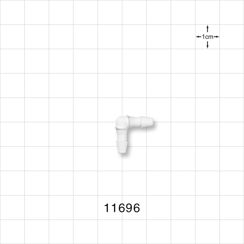 Elbow Connector, Barbed, Natural - Fits 1/8 inch ID Tubing (0.125 inch, 3.18 mm) - 11696