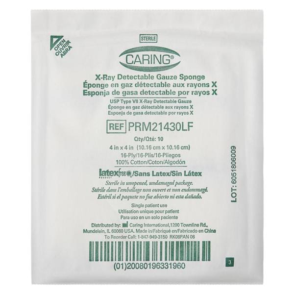 Medline Industries Inc Caring Cotton Gauze Sponge 4x4" 16 Ply Sterile X-Ray Detectable LF  - PRM21430LF