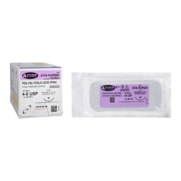 A. Titan Instruments -RS3 Suture Polyglycolic Acid Braid 4-0 18" Absorbable C-6 Reverse Cutting 3/8 Circle Needle 19mm Coated Violet 12/Package ATI6184PGAV