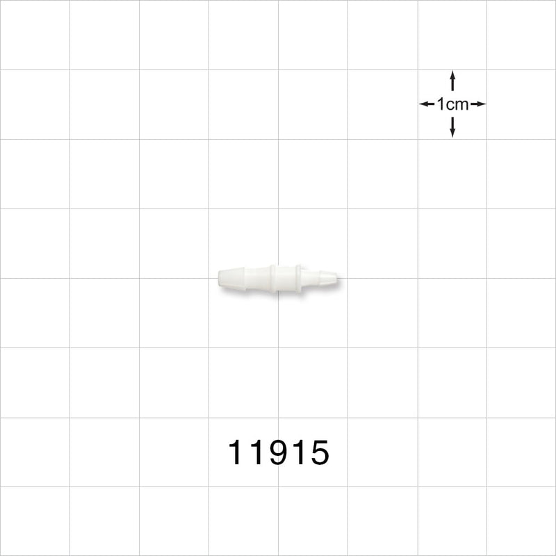 Straight Connector, Reducer, Barbed, White - Fits 3/32 inch x 1/16 inch ID Tubing (0.094 inch x 0.063 inch, 2.38 mm x 1.59 mm) - 11915