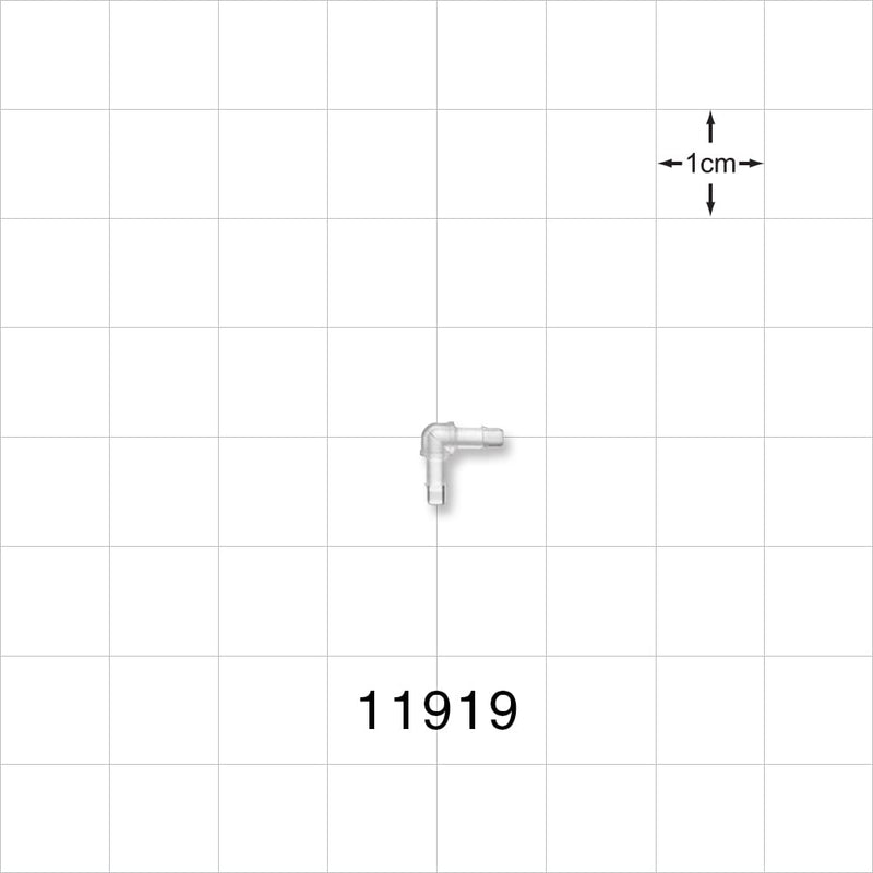 Elbow Connector, Barbed, Natural - Fits 1/16 inch ID Tubing (0.063 inch, 1.59 mm) - 11919