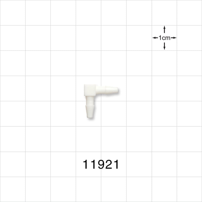 Elbow Connector, Barbed, White - Fits 3/32 inch ID Tubing (0.094 inch, 2.38 mm) - 11921