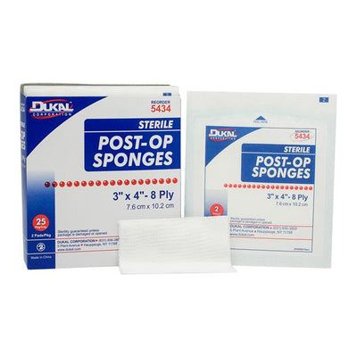 Dukal LLC Cotton Post-Op Sponge 3x4" 8 Ply Sterile Not Made With Natural Rubber Latex, 24 BX/CA - 5434