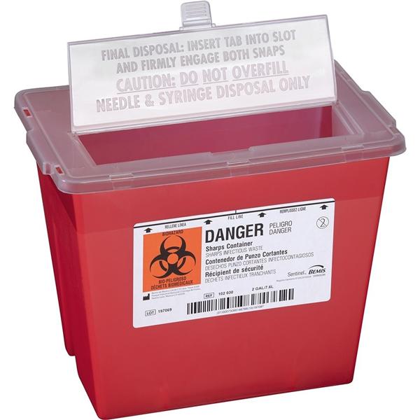 Bemis Healthcare, Inc -Sentinel Sharps Container 2gal Translucent Red 11-5/8x7-3/4x8-5/8" Horizontal Drop Plastic Molded-In Handles Autoclavable Each, 30 EA/CA 102 030