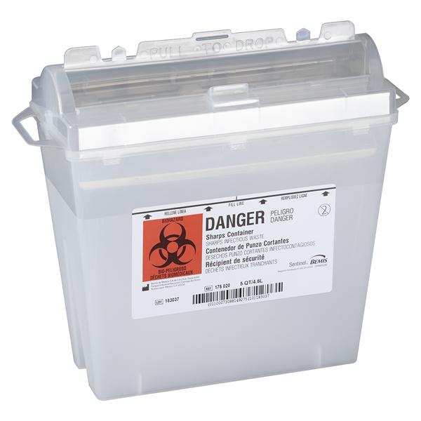 Bemis Healthcare, Inc -Sentinel Sharps Container 5.4qt Translucent Beige 11x5-1/4x10" Rotating Cylinder Top Plastic Molded-In Handles Autoclavable Rotating Cylinder Lid Each, 32 EA/CA 175 020