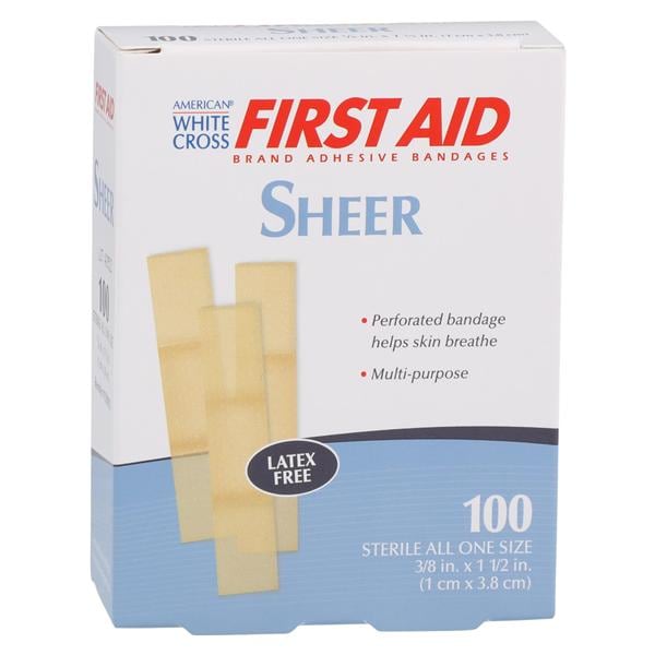 Dukal LLC -American White Cross Adhesive Strip Bandage Plastic 3/8x1-1/2" Sheer Sterile 100/Box, 24 BX/CA 1298033