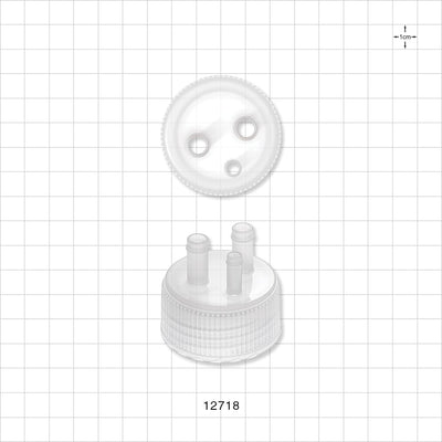 PharmaTainer™ Cap, 3-Ports - 48 mm; 2 External Ports Fit 1/4 inch ID Tubing x 2 Internal Ports Fit 1/4 inch ID Tubing (0.25 inch, 6.35 mm); 1 External Port Fits 3/16 inch ID Tubing (0.188 inch, 4.76 mm) - 12718