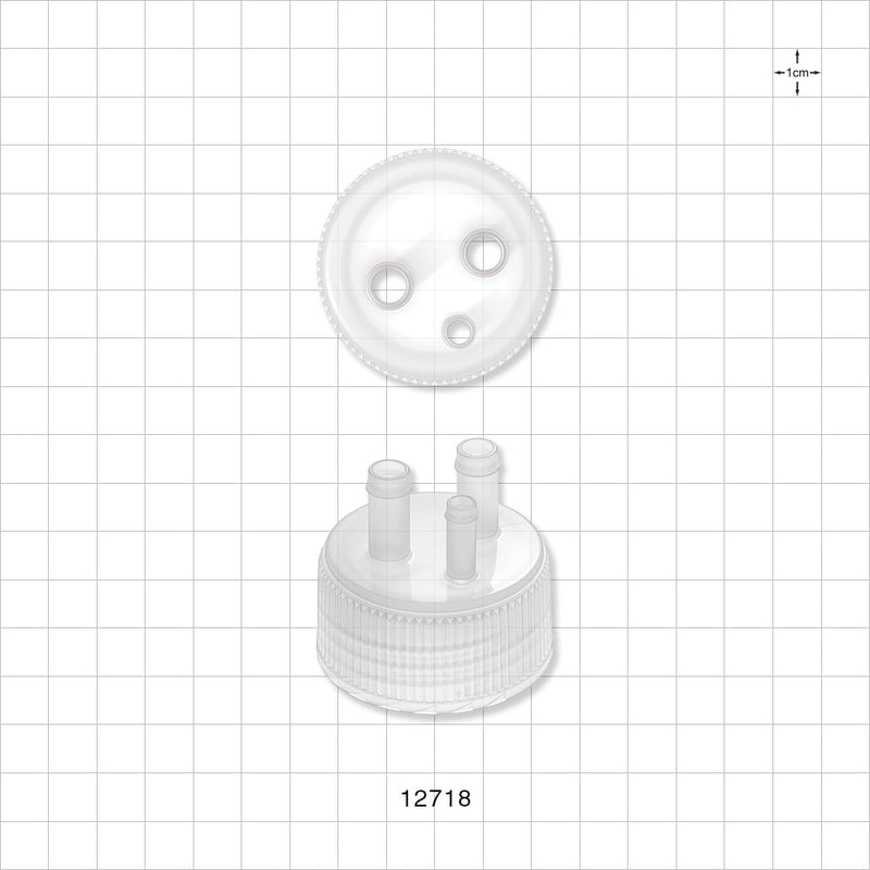 PharmaTainer™ Cap, 3-Ports - 48 mm; 2 External Ports Fit 1/4 inch ID Tubing x 2 Internal Ports Fit 1/4 inch ID Tubing (0.25 inch, 6.35 mm); 1 External Port Fits 3/16 inch ID Tubing (0.188 inch, 4.76 mm) - 12718