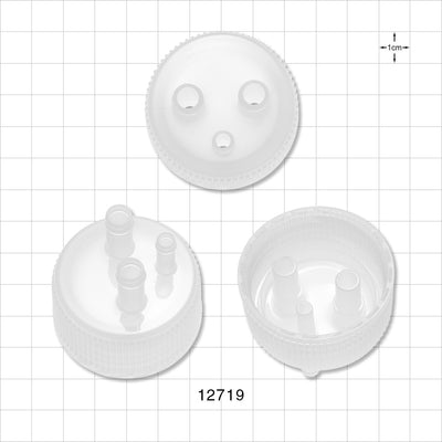 PharmaTainer™ Cap, 3-Ports - 48 mm; 2 External Ports Fit 1/4 inch ID Tubing x 2 Internal Ports Fit 1/4 inch ID Tubing (0.25 inch, 6.35 mm); 1 External Port Fits 3/16 inch ID Tubing x 1 Internal Port Fits 3/16 inch ID Tubing (0.188 inch, 4.76 mm) - 12719