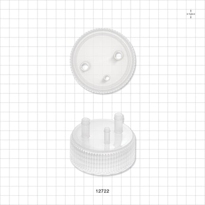 PharmaTainer™ Cap, 3-Ports - 70 mm; 2 External Ports Fit 1/4 inch ID Tubing x 2 Internal Ports Fit 1/4 inch ID Tubing (0.25 inch, 6.35 mm); 1 External Port Fits 3/16 inch ID Tubing (0.188 inch, 4.76 mm) - 12722