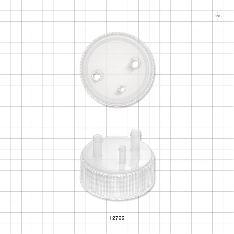 PharmaTainer™ Cap, 3-Ports - 70 mm; 2 External Ports Fit 1/4 inch ID Tubing x 2 Internal Ports Fit 1/4 inch ID Tubing (0.25 inch, 6.35 mm); 1 External Port Fits 3/16 inch ID Tubing (0.188 inch, 4.76 mm) - 12722