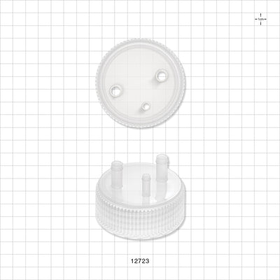 PharmaTainer™ Cap, 3-Ports - 70 mm; 2 External Ports Fit 1/4 inch ID Tubing x 2 Internal Ports Fit 1/4 inch ID Tubing (0.25 inch, 6.35 mm); 1 External Port Fits 3/16 inch ID Tubing x 1 Internal Port Fits 3/16 inch ID Tubing (0.188 inch, 4.76 mm) - 12723