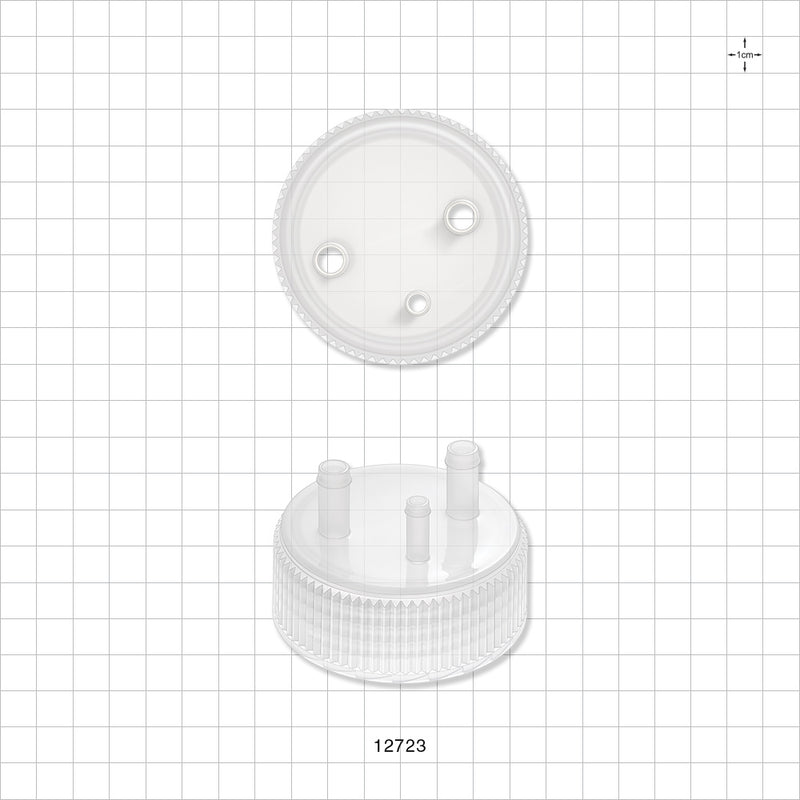 PharmaTainer™ Cap, 3-Ports - 70 mm; 2 External Ports Fit 1/4 inch ID Tubing x 2 Internal Ports Fit 1/4 inch ID Tubing (0.25 inch, 6.35 mm); 1 External Port Fits 3/16 inch ID Tubing x 1 Internal Port Fits 3/16 inch ID Tubing (0.188 inch, 4.76 mm) - 12723
