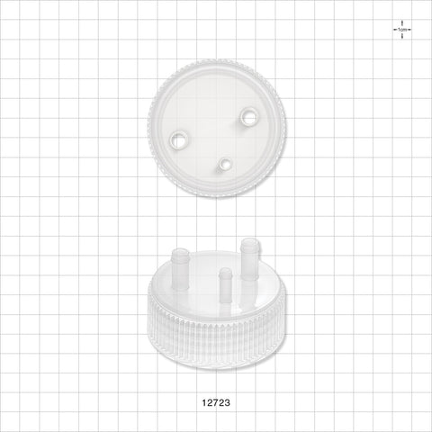 PharmaTainer™ Cap, 3-Ports - 70 mm; 2 External Ports Fit 1/4 inch ID Tubing x 2 Internal Ports Fit 1/4 inch ID Tubing (0.25 inch, 6.35 mm); 1 External Port Fits 3/16 inch ID Tubing x 1 Internal Port Fits 3/16 inch ID Tubing (0.188 inch, 4.76 mm) - 12723