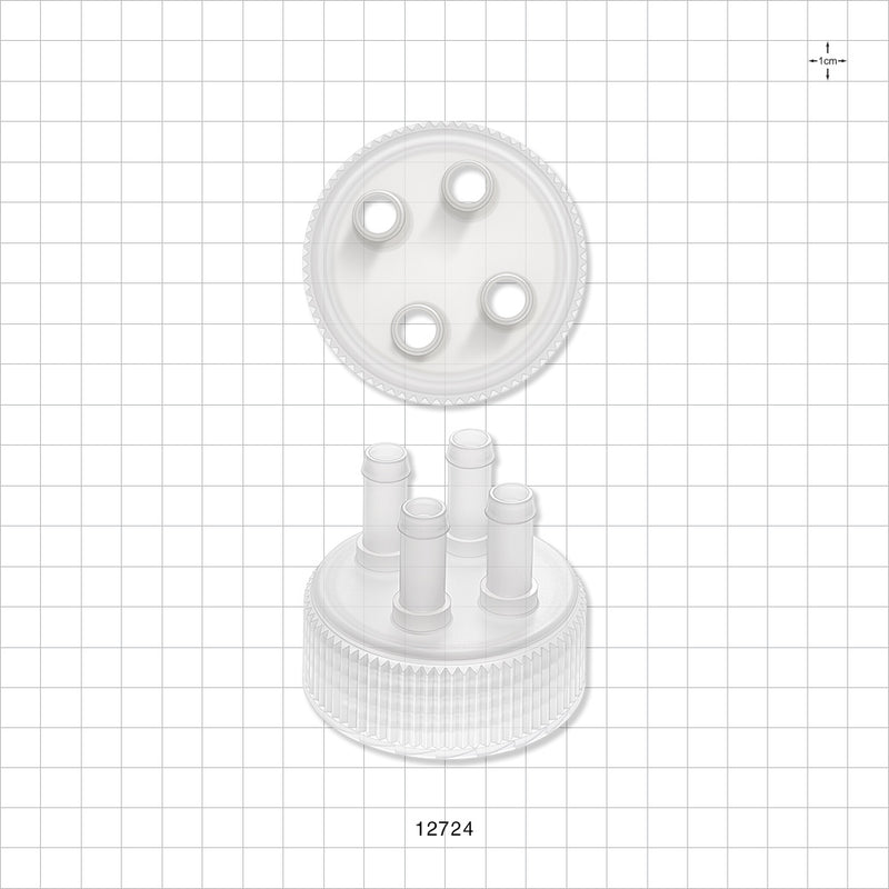 PharmaTainer™ Cap, 4-Ports - 70 mm; 4 External Ports Fit 3/8 inch ID Tubing x 4 Internal Ports Fit 3/8 inch ID Tubing (0.375 inch, 9.53 mm) - 12724