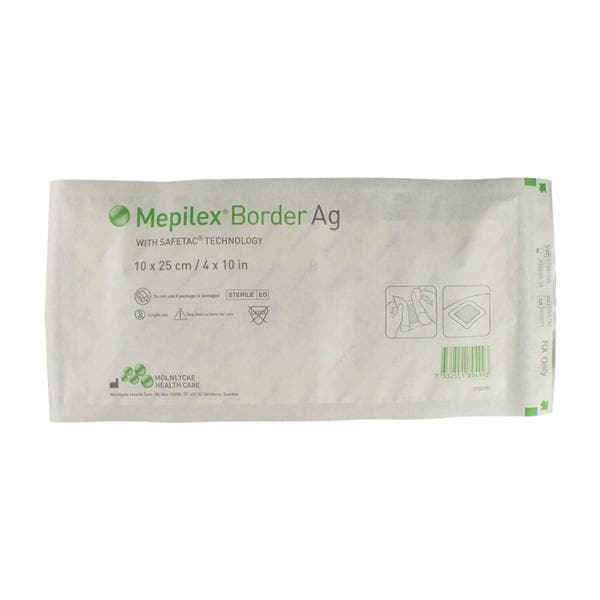 Molnlycke Healthcare Mepilex Border Ag Polyurethane Film Dressing 4x10" Adhesive, 7 BX/CA- 395790