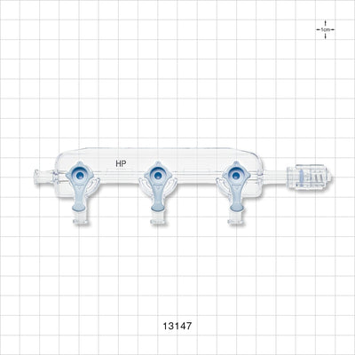 3-Gang Stopcock Manifold, 4 Female Luer Locks, Rotating Male Luer Lock - 800 psi - 13147