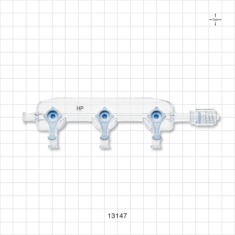 3-Gang Stopcock Manifold, 4 Female Luer Locks, Rotating Male Luer Lock - 800 psi - 13147