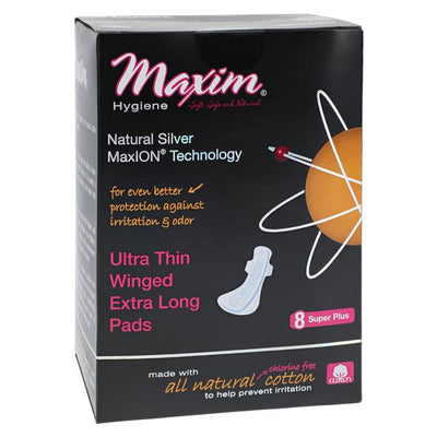 Maxim Hygiene Products Maxion Sanitary Pad Chlorine Free Ultra Thin Super Plus Overnight/Winged White Disposable 8/Package, 12 PK/CA - 1-231708-1