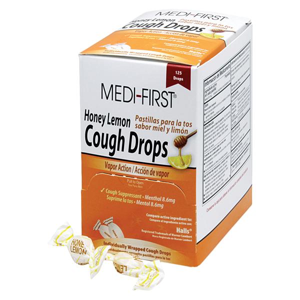 Medique Products Medi-First Cough Drops 8.6mg Honey Lemon Dispenser 125/Box, 12 BX/CA - 84025