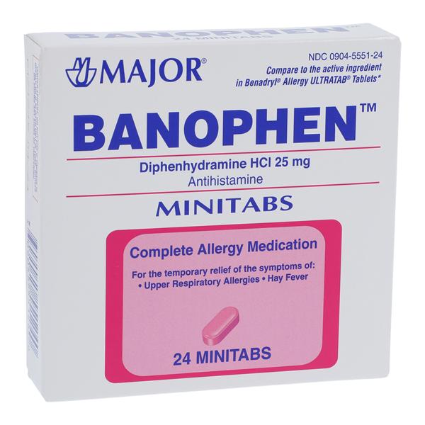 Major Pharmaceuticals Banophen Antihistamine Oral MiniTabs 25mg 24/Box, 24 BX/CA - 00904555124