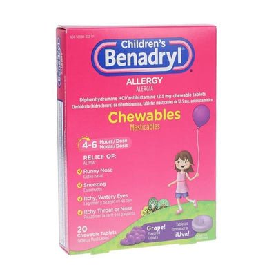 Johnson & Johnson Consumer Benadryl Children Allergy Chewable Tablets 12.5mg Grape 20/Box, 24 BX/CA - 300450553201