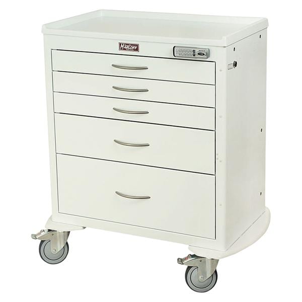 Harloff Manufacturing Crash Cart Emergency M-Series 22x36.75x37.25" Steel (5) Drawer Electronic Keypad Lock Short White Reusable With 24" Vertical Drawer Space Each - MDS3024E05