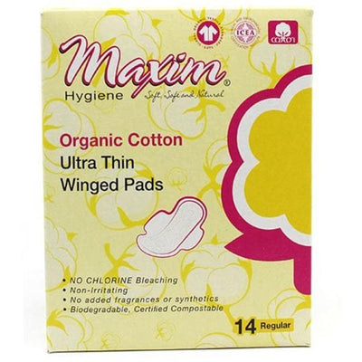 Maxim Hygiene Products Sanitary Pad Organic Cotton Ultra Thin Regular Winged White Disposable Fragrance Free 14/Box, 12 BX/CA - 1-220114-1