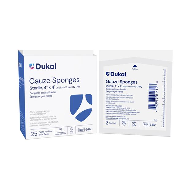 Dukal LLC 100% Woven Cotton Gauze Sponge 4x4" 12 Ply Sterile Square, 24 BX/CA - 6412