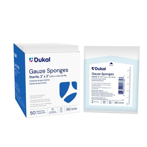 Dukal LLC 100% Cotton Gauze Sponge 2x2" 8 Ply Sterile Not Made With Natural Rubber Latex, 30 BX/CA - 6208