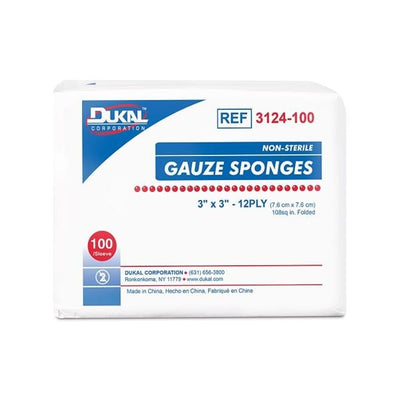 Dukal LLC 100% Cotton Gauze Sponge 3x3" 12 Ply Non-Sterile LF, 40 BG/CA - 3124-100